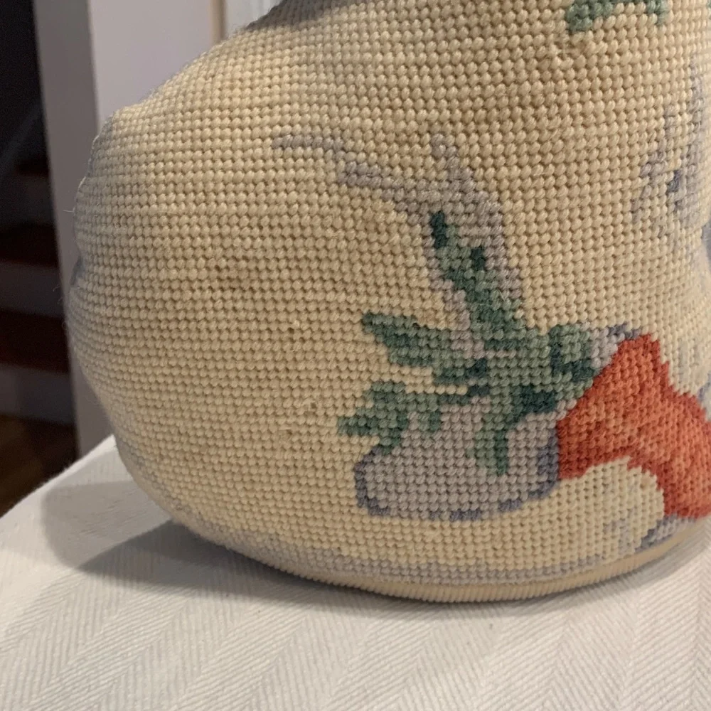 Vintage Needlepoint Rabbit Pillow, Cottagecore Decor